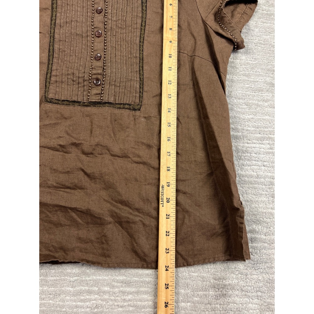 Carole Little Blouse Womens Large Brown 100% Linen Pintuck Beaded Short Sleeve - Picture 3 of 9